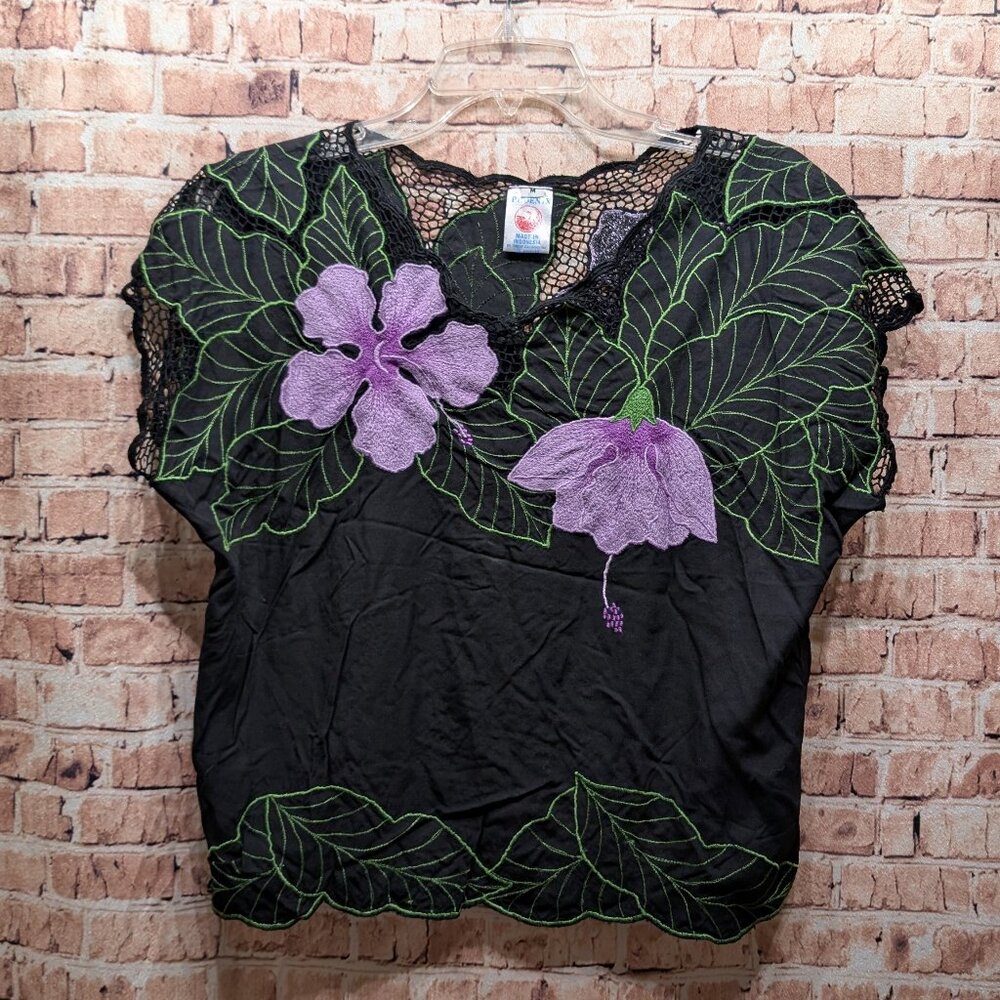 Phoenix Blouse with Purple Floral Design 100% Rayon VINTAGE Size M